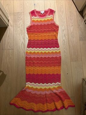 Milly Sleeveless Chevron Knit Maxi Dress in Coral, Orange and Pink